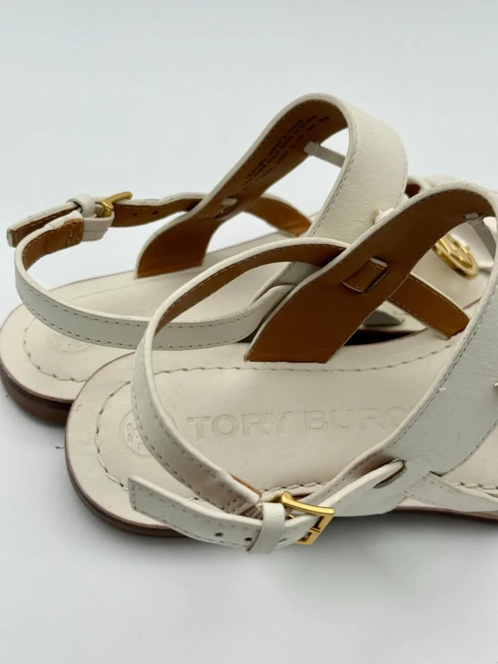 Tory Burch Miller Two-Band Sandals White Leather Gold Logo Size 7 Flat Sandals